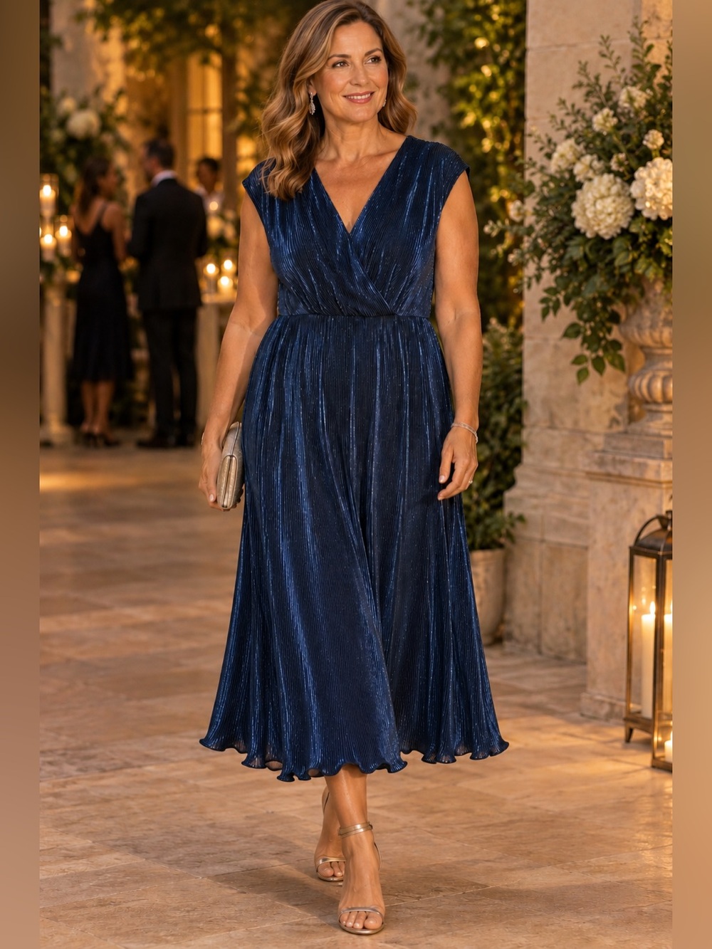 SLNY Blue Shimmer Surplice Neck Midi Dress SZ 16W, with stretch in waist.